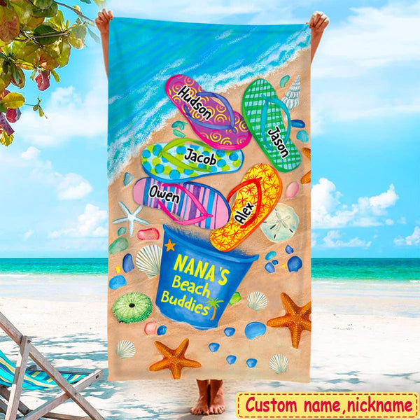 Nana's Beach Buddies Summer Flip Flop Personalized Beach Towel Perfect Gift for Grandmas Moms Aunties, Custom Kids Towel, Summer Beach Gifts