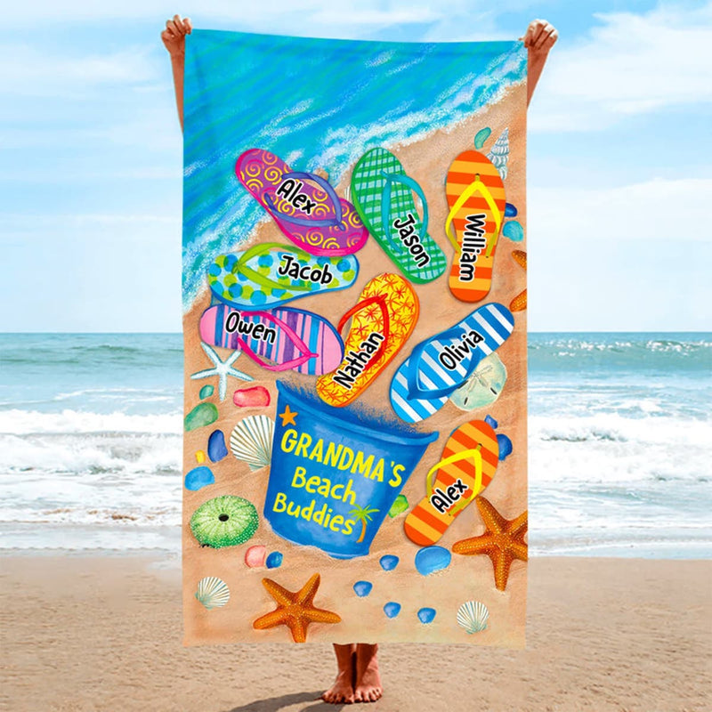 Nana's Beach Buddies Summer Flip Flop Personalized Beach Towel Perfect Gift for Grandmas Moms Aunties, Custom Kids Towel, Summer Beach Gifts