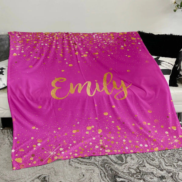 Sparkling Gold Glitter Personalized Blanket with Name, Custom Birthday Anniversary Gift for Girls Kids and Adults