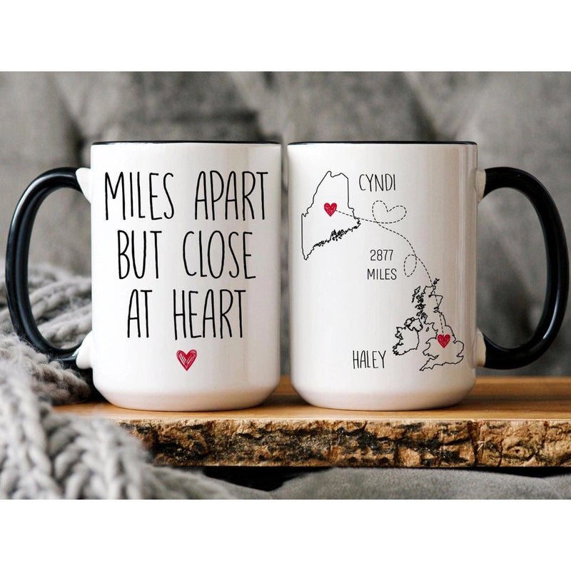 Miles Apart But Close at Heart - Personalized Name and State Mug - Custom Gift for Mother Daughter Sister Best Friends, BFF Bestie and Family - Unique Long Distance Friendship Gift - Moving Away Present