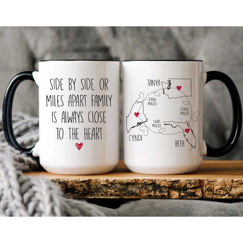 Miles Apart But Close at Heart - Personalized Name and State Mug - Custom Gift for Mother Daughter Sister Best Friends, BFF Bestie and Family - Unique Long Distance Friendship Gift - Moving Away Present