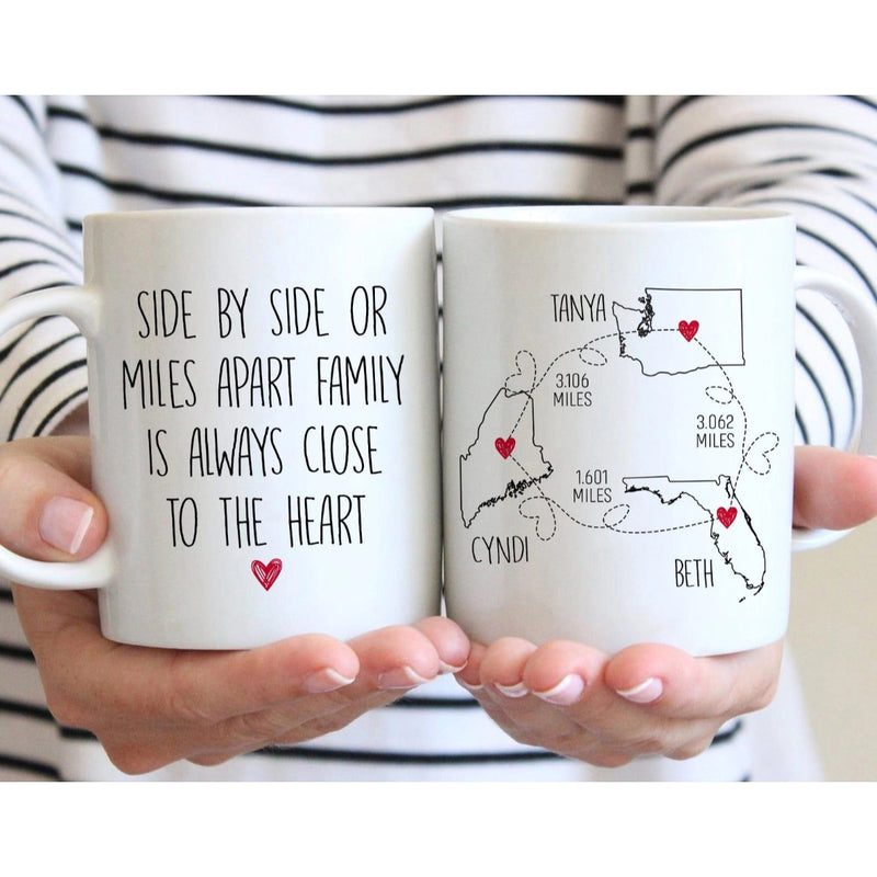 Miles Apart But Close at Heart - Personalized Name and State Mug - Custom Gift for Mother Daughter Sister Best Friends, BFF Bestie and Family - Unique Long Distance Friendship Gift - Moving Away Present