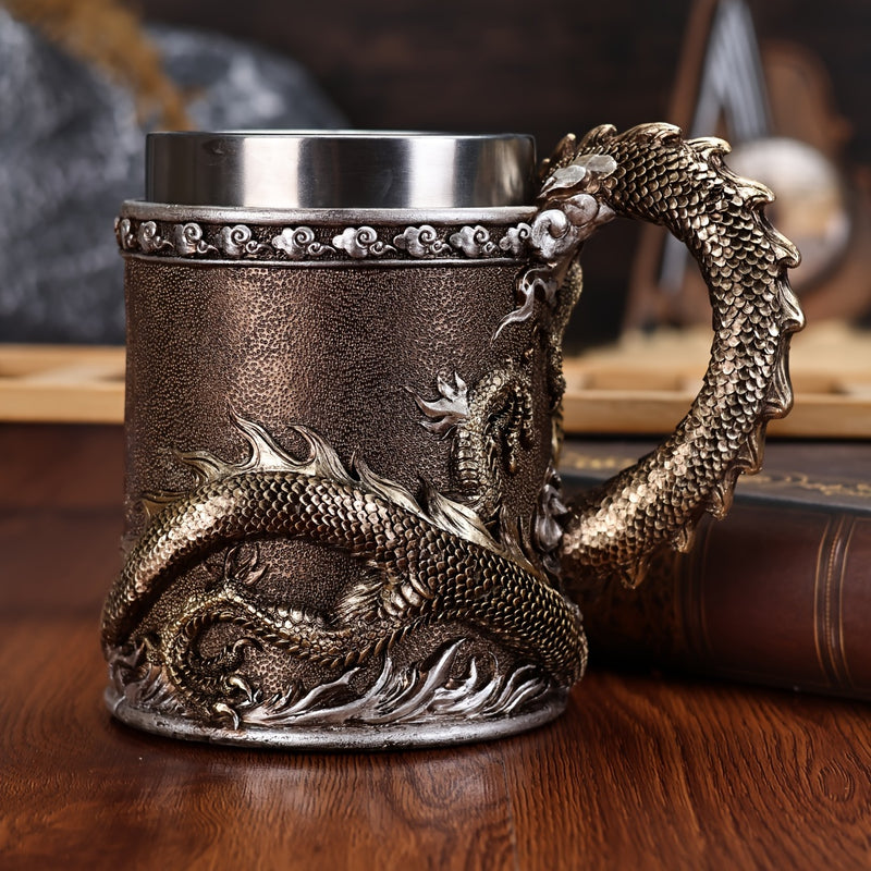 Stainless Steel Dragon Beer Mug - Large Capacity(600ml), Insulated Coffee Cup with Unique Oriental Dragon Design - Perfect for Cold Drinks, Ideal Christmas Gift