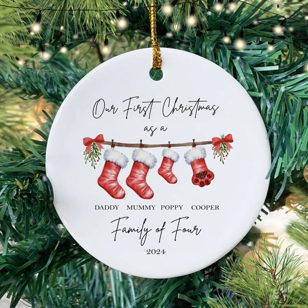 Personalised First Christmas as a Family of 4 Bauble, Baby First Christmas Tree Ornament, 1st Xmas Ornament