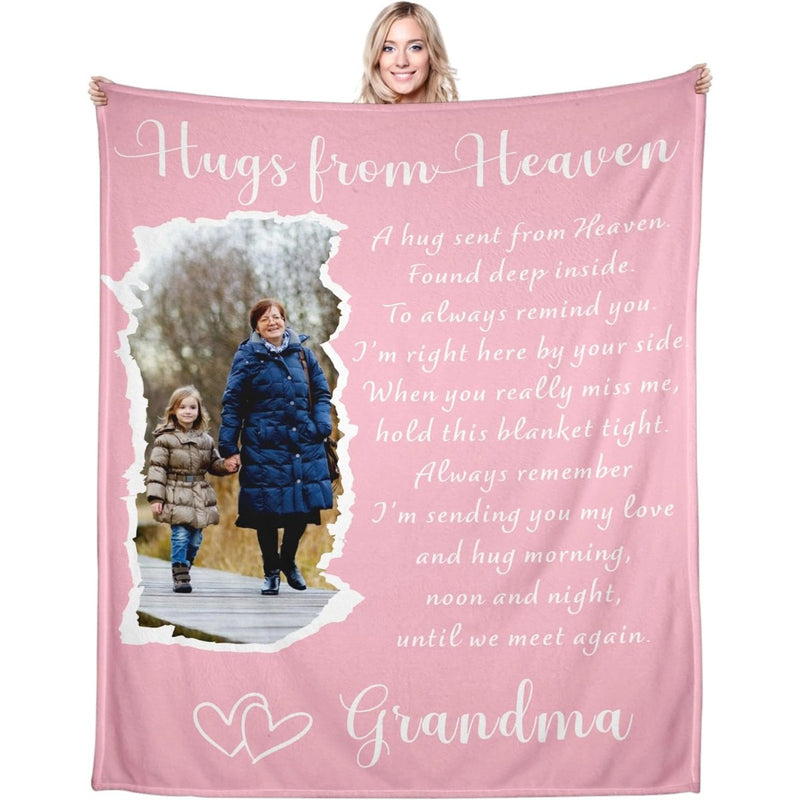 A Hug Sent from Heaven - Personalized Photo Blanket - Memorial Gifts for Loss of Dad Mom Husband Wife - Customized Sympathy Blanket In Loving Memory of Grandma Grandpa