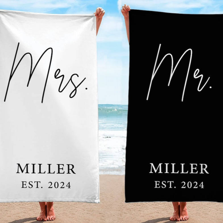 Honeymoon Mr. and Mrs. Beach Towels, Couple Pool Towel, Personalized Beach Towel, Wedding Newlywed Gift, Groom Bachelorette Gift