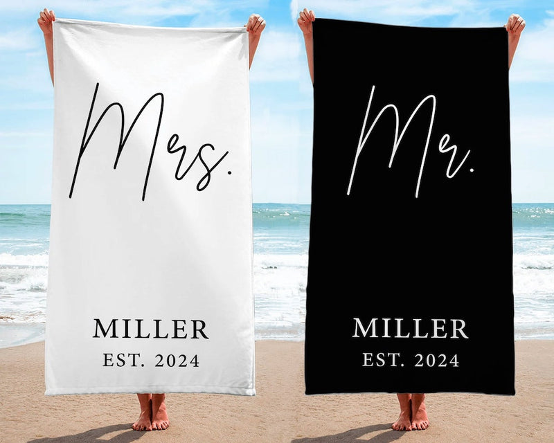 Honeymoon Mr. and Mrs. Beach Towels, Couple Pool Towel, Personalized Beach Towel, Wedding Newlywed Gift, Groom Bachelorette Gift