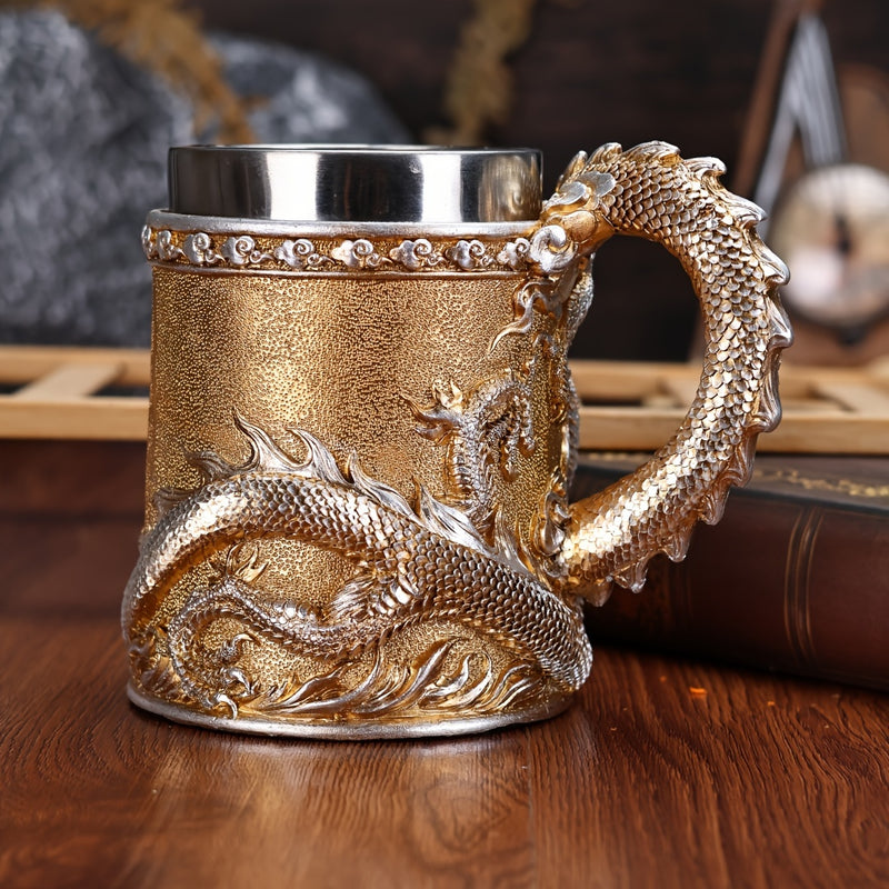 Stainless Steel Dragon Beer Mug - Large Capacity(600ml), Insulated Coffee Cup with Unique Oriental Dragon Design - Perfect for Cold Drinks, Ideal Christmas Gift