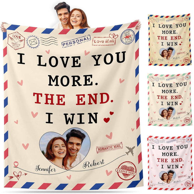 I Love You More The End I Win - Personalized Blanket With Photo and Name - Romantic Valentine'S Day Wedding Anniversary Gifts for Boyfriend Girlfriend Wife Husband