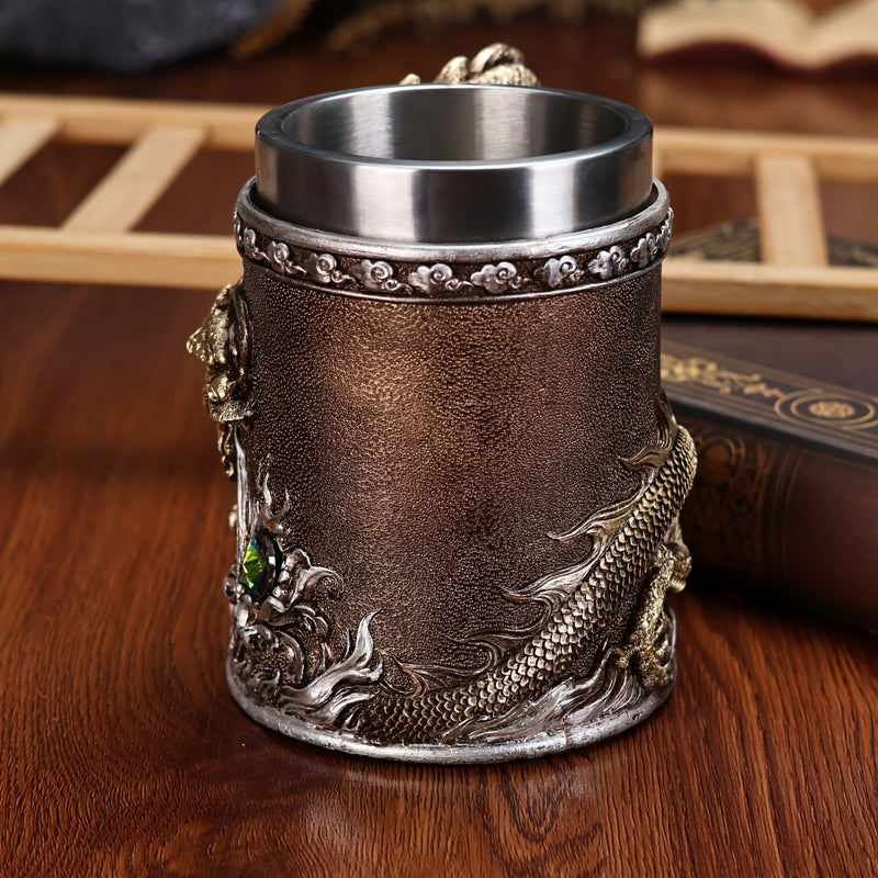 Stainless Steel Dragon Beer Mug - Large Capacity(600ml), Insulated Coffee Cup with Unique Oriental Dragon Design - Perfect for Cold Drinks, Ideal Christmas Gift