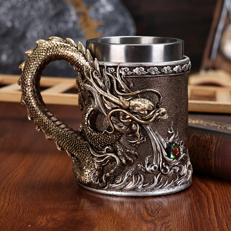 Stainless Steel Dragon Beer Mug - Large Capacity(600ml), Insulated Coffee Cup with Unique Oriental Dragon Design - Perfect for Cold Drinks, Ideal Christmas Gift