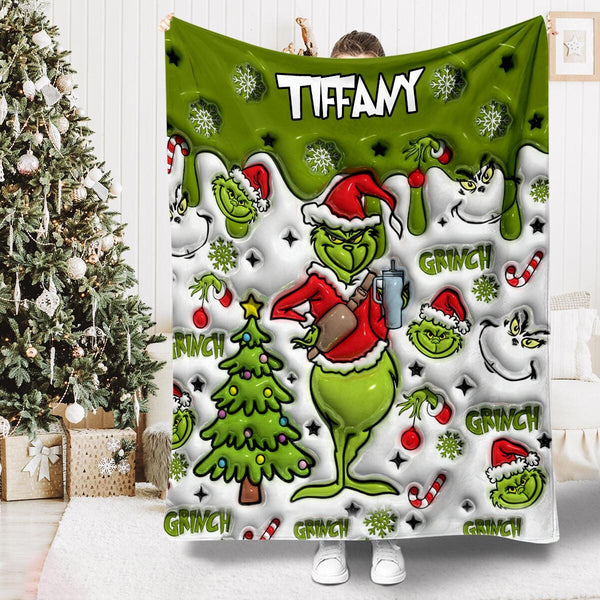 Custom Name Grinch Snow Flake Fleece Blanket, Green Christmas Tree Inflated Blanket, Personalized Funny Throw Blanket for Xmas