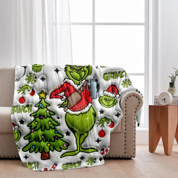 Custom Name Grinch Snow Flake Fleece Blanket, Green Christmas Tree Inflated Blanket, Personalized Funny Throw Blanket for Xmas