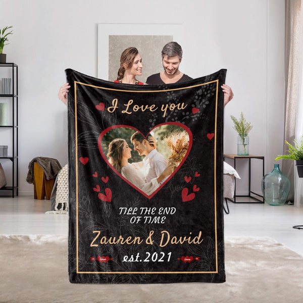 I Love You Till the End of Time - Custom Name, Date and Photo Blanket for Couples, Girlfriend Boyfriend Husband, Wife and Best Friends -  Funny Personalized Valentine's Day Gift, Anniversary Newlywed Wedding Engagement Gift