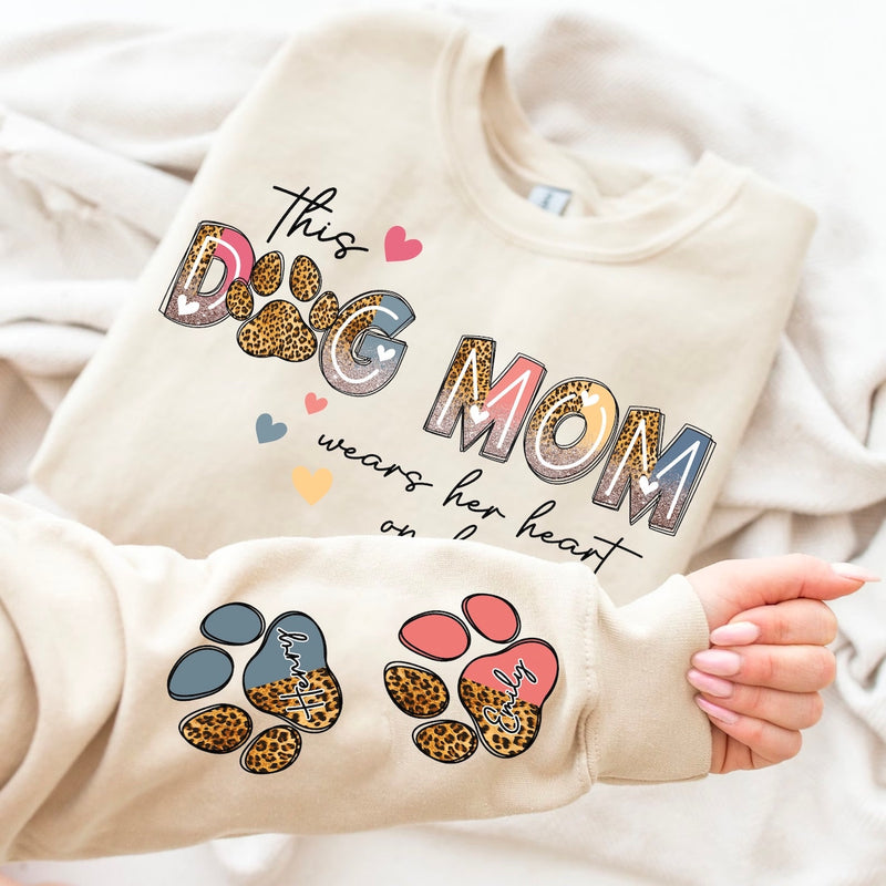 This Dog Mom Wears Her Heart on Her Sleeve , Custom Dog Name shirt , Dog Mom Dog Lover shirt