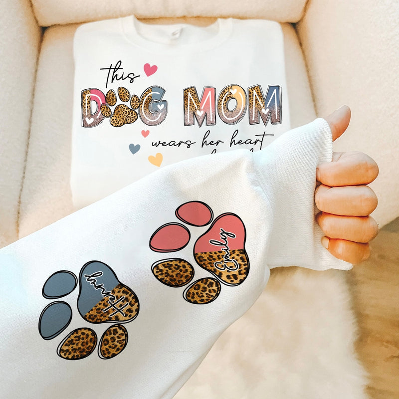 This Dog Mom Wears Her Heart on Her Sleeve , Custom Dog Name shirt , Dog Mom Dog Lover shirt