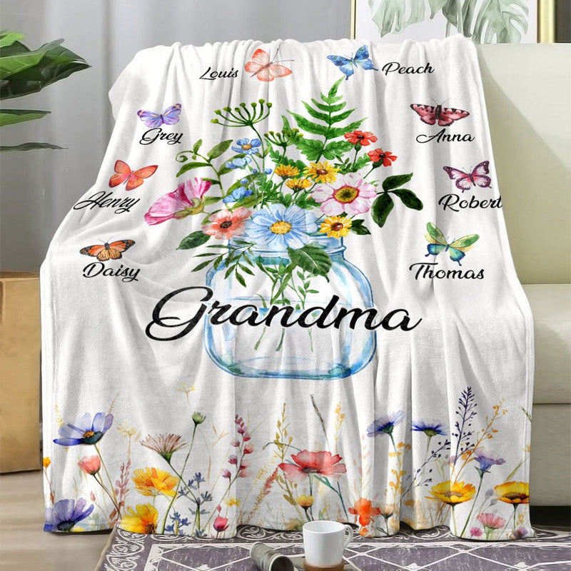 Grandma Garden Flowers Blanket with Grandkid Names , Best Personalized Gift for Nana