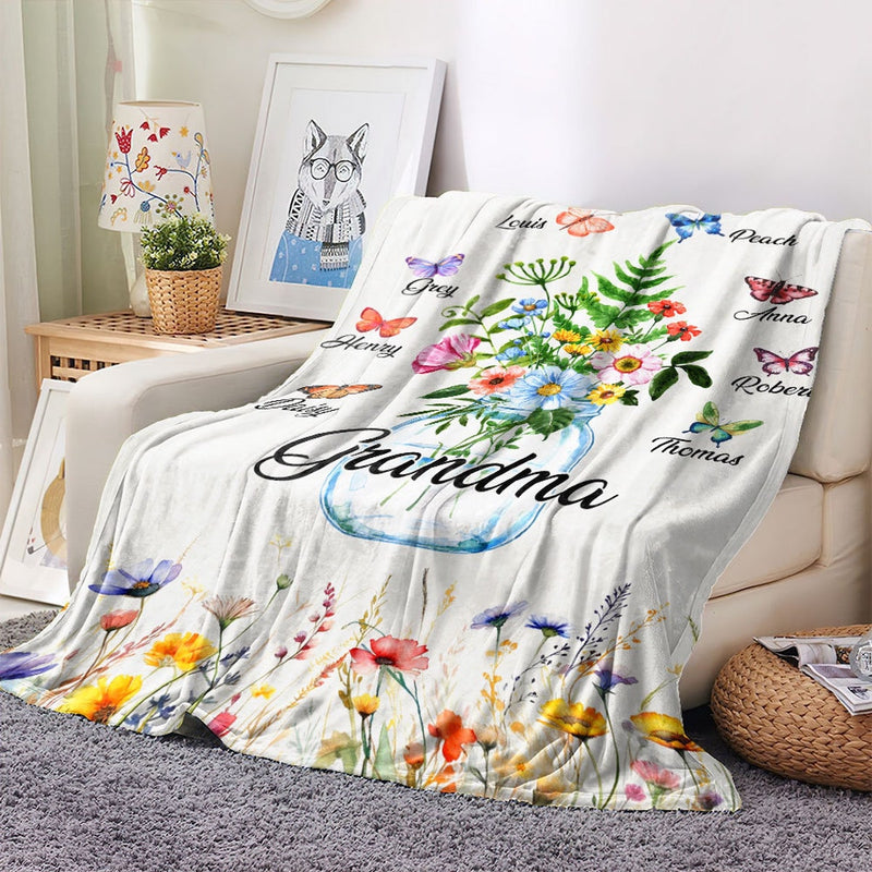 Grandma Garden Flowers Blanket with Grandkid Names , Best Personalized Gift for Nana