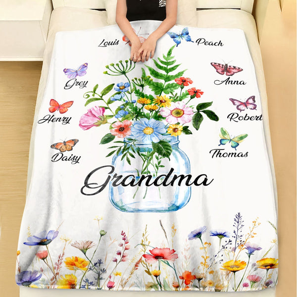 Grandma Garden Flowers Blanket with Grandkid Names , Best Personalized Gift for Nana