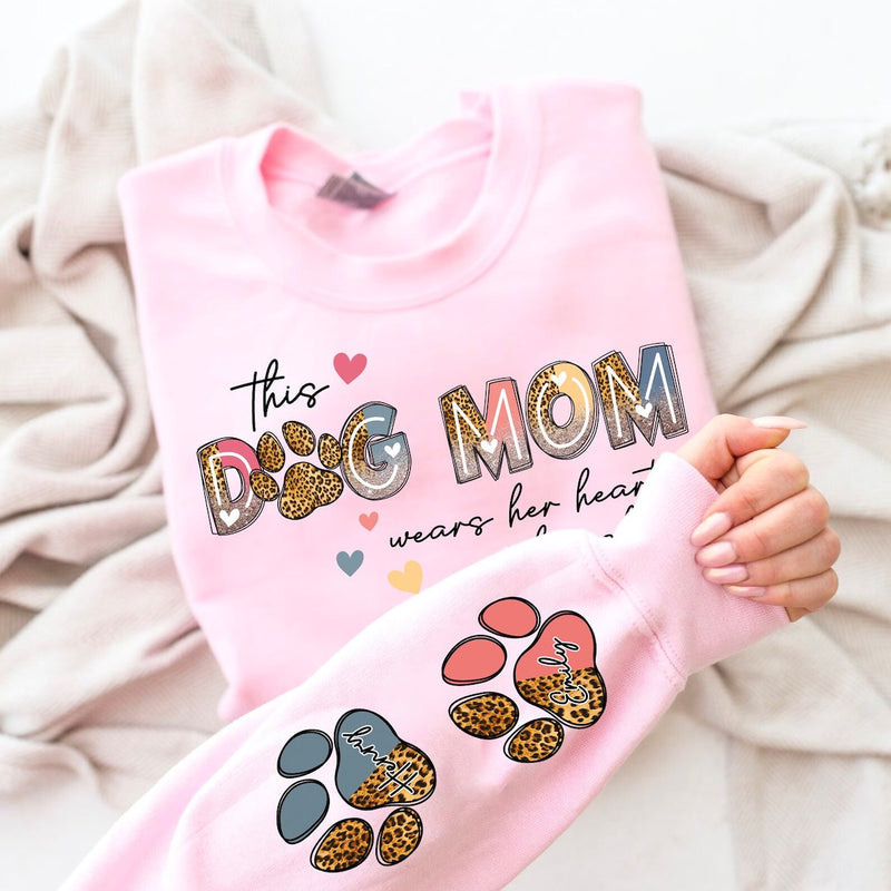 This Dog Mom Wears Her Heart on Her Sleeve , Custom Dog Name shirt , Dog Mom Dog Lover shirt