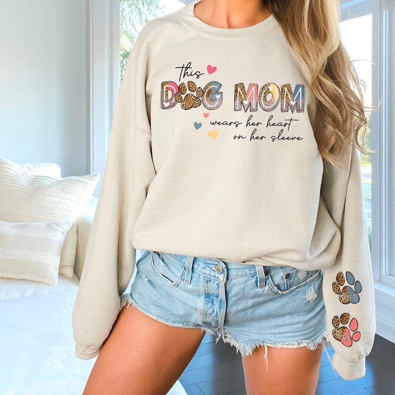 This Dog Mom Wears Her Heart on Her Sleeve , Custom Dog Name shirt , Dog Mom Dog Lover shirt