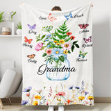 Grandma Garden Flowers Blanket with Grandkid Names , Best Personalized Gift for Nana