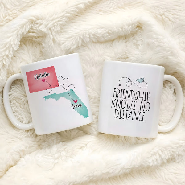 Friendship Knows No Distance - Personalized Name and State Mug - Custom Gift for Best Friends, Bestie, Sister, Family - Unique Long Distance Friendship Gift - Moving Away Present