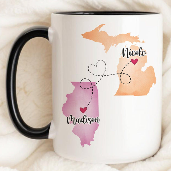 I Miss You - Personalized Name and State Mug - Custom Gift for Best Friends, Bestie, Sister, Family - Unique Long Distance Friendship Gift - Moving Away Present