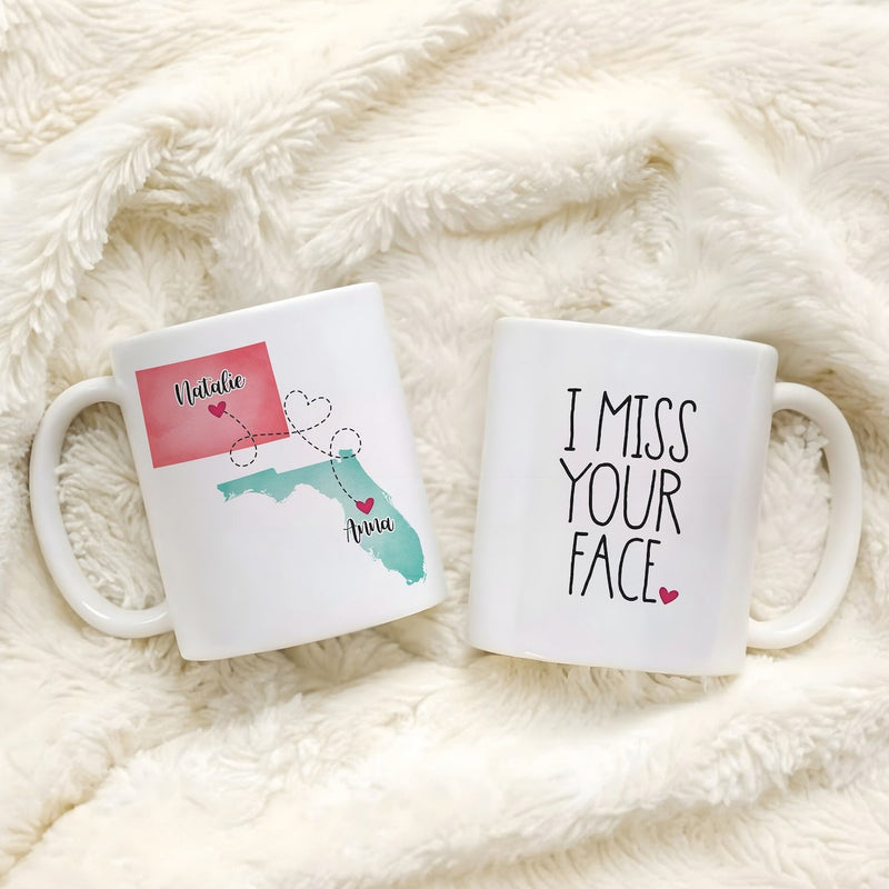 I Miss You - Personalized Name and State Mug - Custom Gift for Best Friends, Bestie, Sister, Family - Unique Long Distance Friendship Gift - Moving Away Present