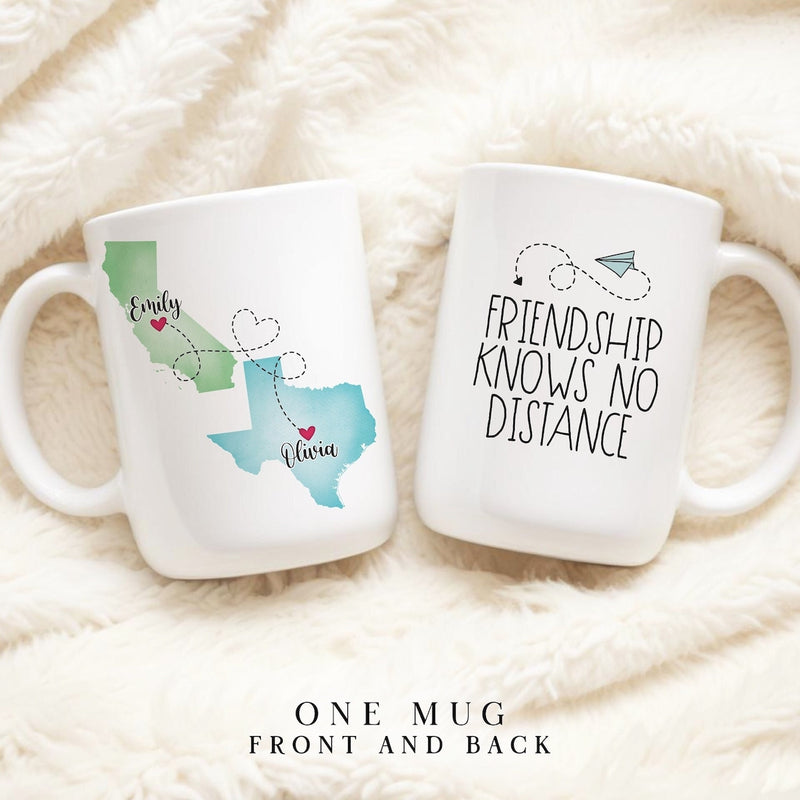 Friendship Knows No Distance - Personalized Name and State Mug - Custom Gift for Best Friends, Bestie, Sister, Family - Unique Long Distance Friendship Gift - Moving Away Present