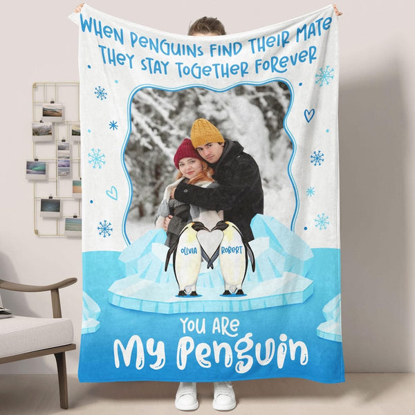 You are my penguin - Custom Name and Photo Blanket for Couples, Girlfriend Boyfriend Husband, Wife and Best Friends -  Funny Personalized Valentine's Day Gift, Anniversary Newlywed Wedding Engagement Gift