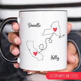 Never Too Far to Have Coffee Together - Personalized Name and State Mug - Custom Gift for Best Friends, Bestie, Sister, Family - Unique Long Distance Friendship Gift - Moving Away Present