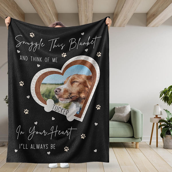 Snuggle This Blanket And Think Of Me - Custom Dog Photo Memorial Blanket, Personalized Dog Loss Pet Memory Gifts, Pet Loss Keepsake Remembrance Gift For Dog Mom Dad Bereavement Gift