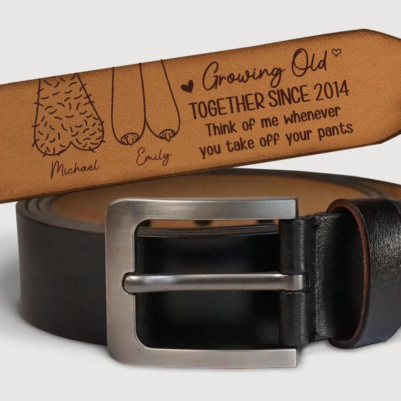 I F-king Love You, Growing Old Together - Personalized Leather Belt with Engraved Custom Message - Funny Anniversary Gift for Husband from Wife - Father’s Day Gift for Daddy - Custom Romantic Gift for Boyfriend Fiance