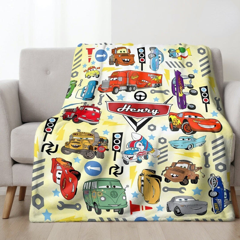 Personalized Cartoon Cars Blanket, Custom Name Pixar Cars Blanket, Lightning McQueen Sally Tow Mater Characters Blanket, Cars Birthday Gifts