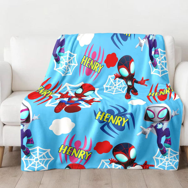 Personalized Spider Hero And Friends Blanket, Supehero Blanket, Animated Hero Blanket, Custom Name Fleece Blanket, Hero Cartoon Quilt