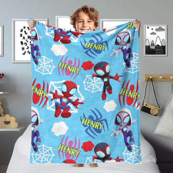 Personalized Spider Hero And Friends Blanket, Supehero Blanket, Animated Hero Blanket, Custom Name Fleece Blanket, Hero Cartoon Quilt