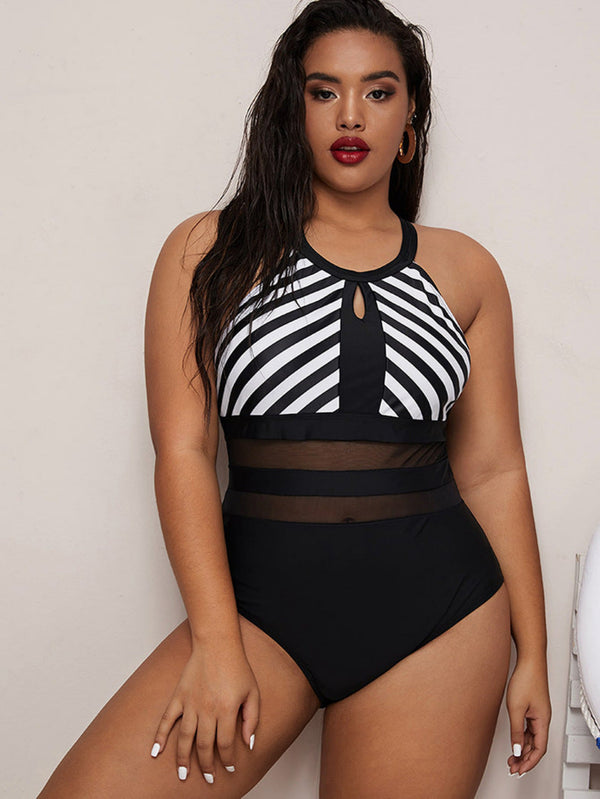 Striped Mesh One Piece Swimsuit