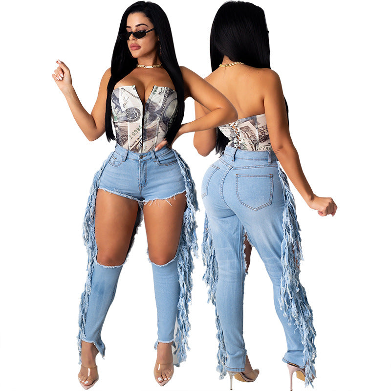 High Waist Fringe Cut Out Skinny Jeans