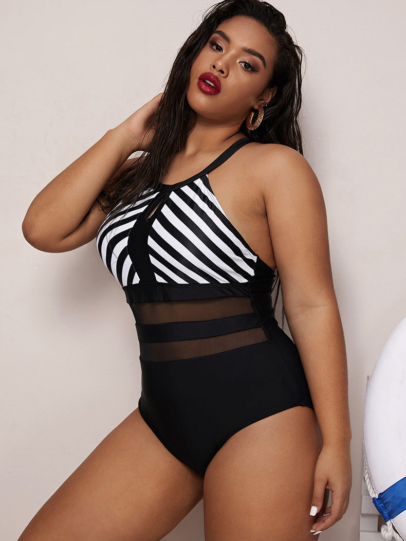 Striped Mesh One Piece Swimsuit