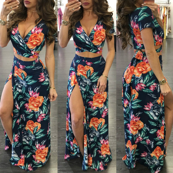 Knot Back Floral Top & Split Thigh Dress