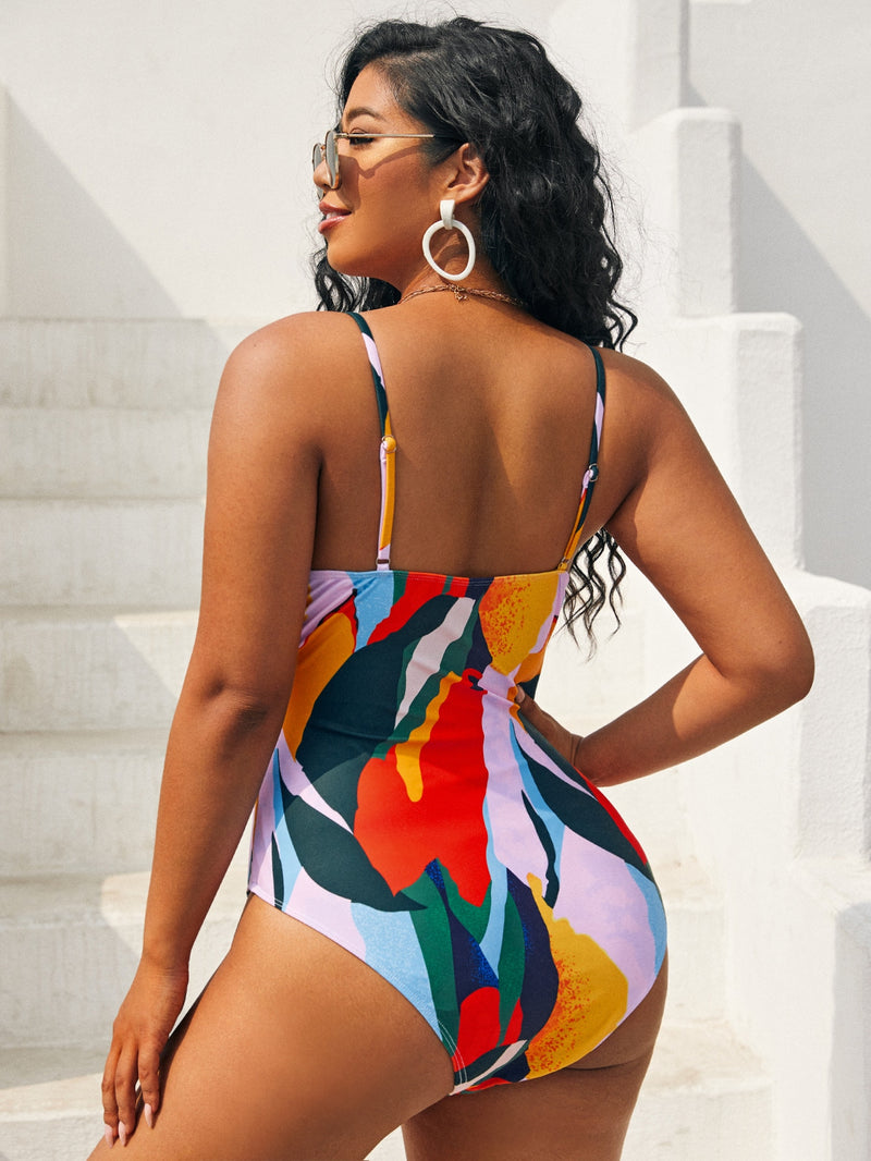 Plus Allover Print Knot Front One Piece Swimsuit