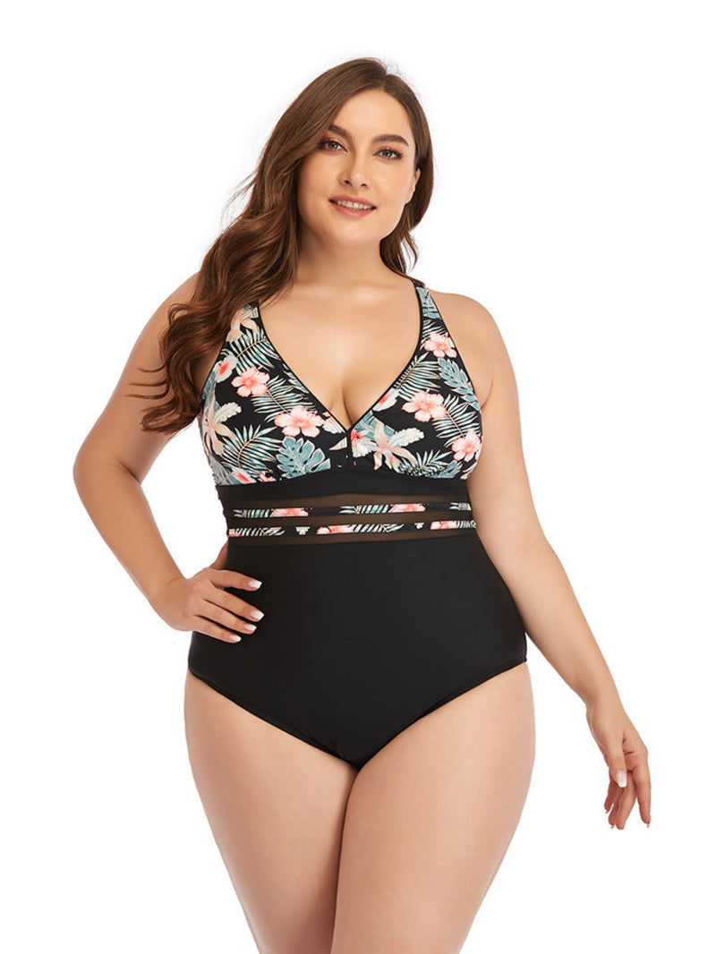 Plus Tropical Print Push Up One Piece Swimsuit