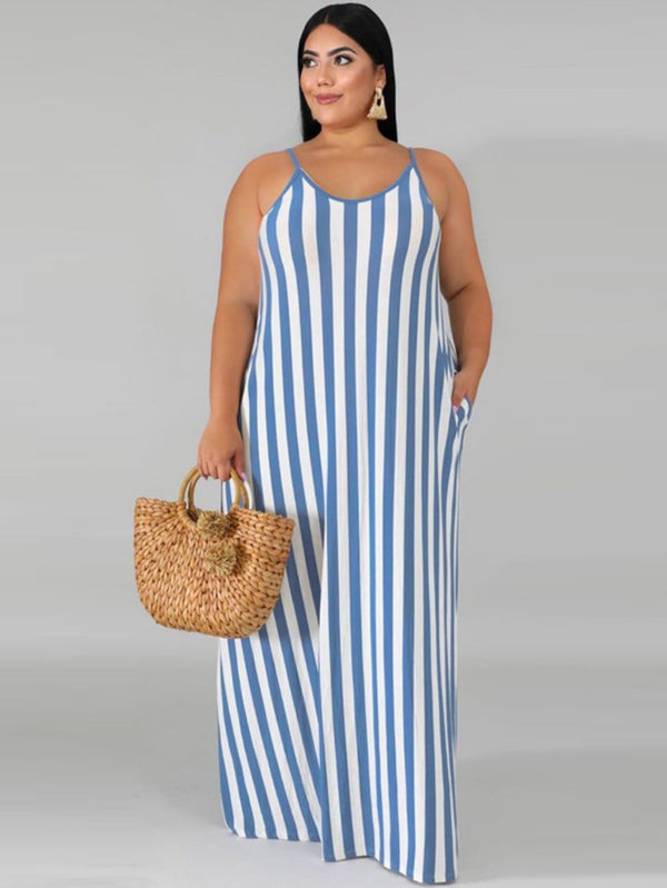 Plus Size Striped Belted Dress with Pockets