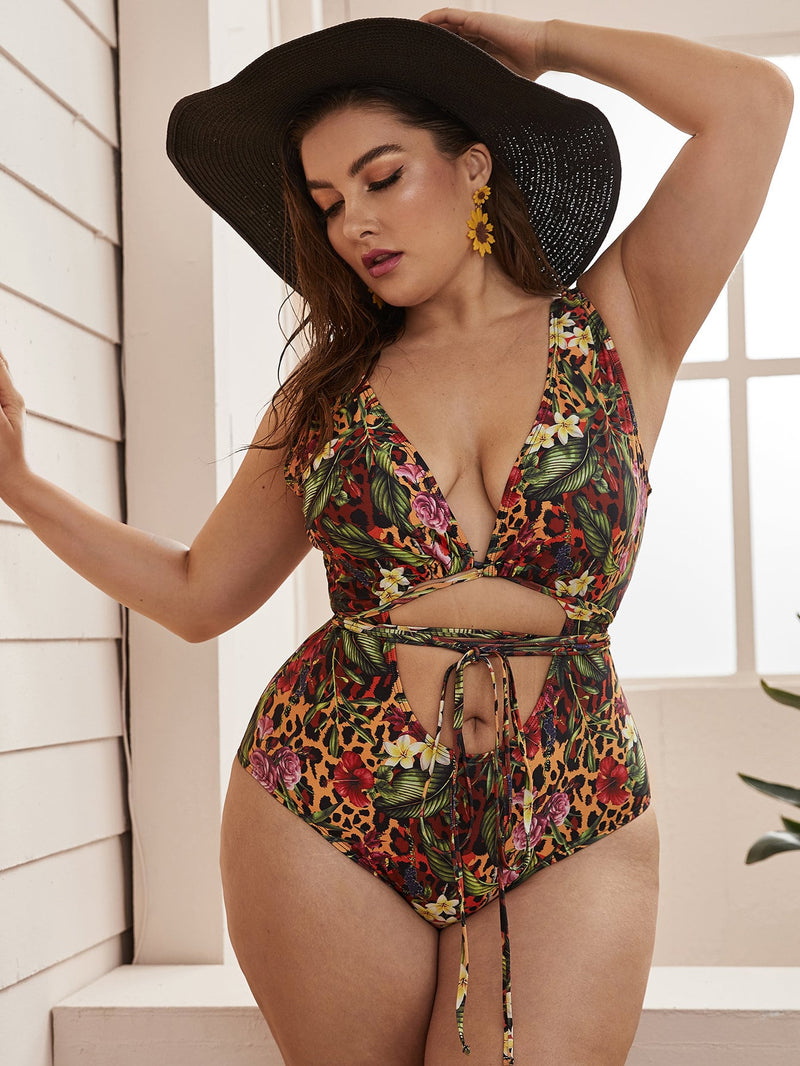 Plus Leopard & Floral Print Lace Up One Piece Swimsuit