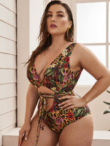 Plus Leopard & Floral Print Lace Up One Piece Swimsuit