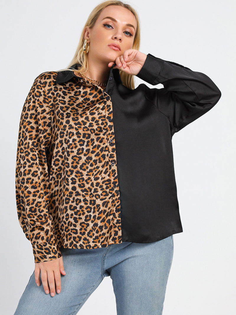 Plus Size Color Block Leopard Spliced Shirt Top