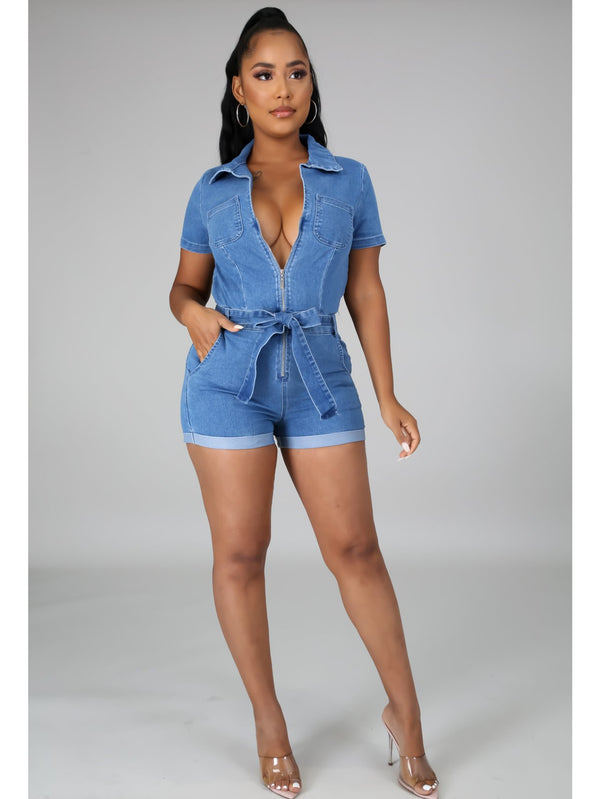 V Neck Denim Romper