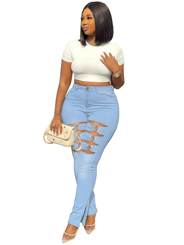 Plus High Waist Cut Out Split Hem Jeans