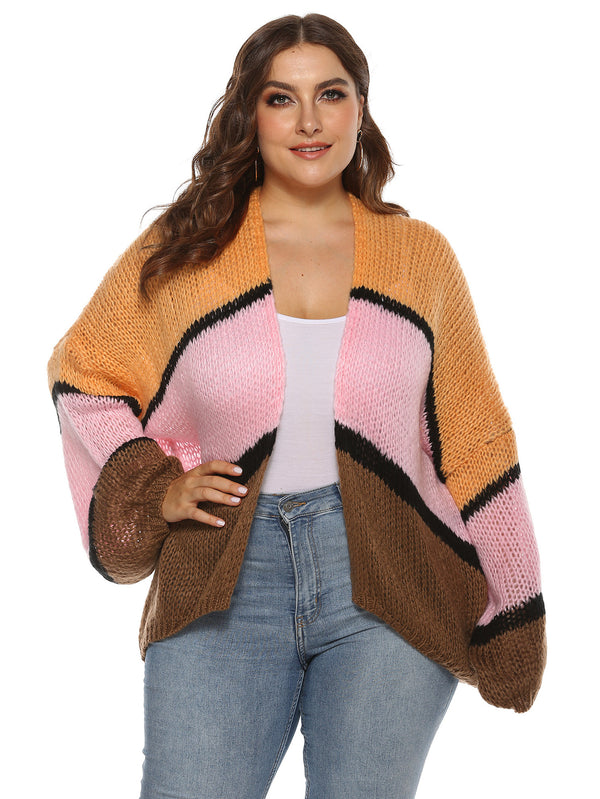 Plus Size Colorblock Open Front Cardigan